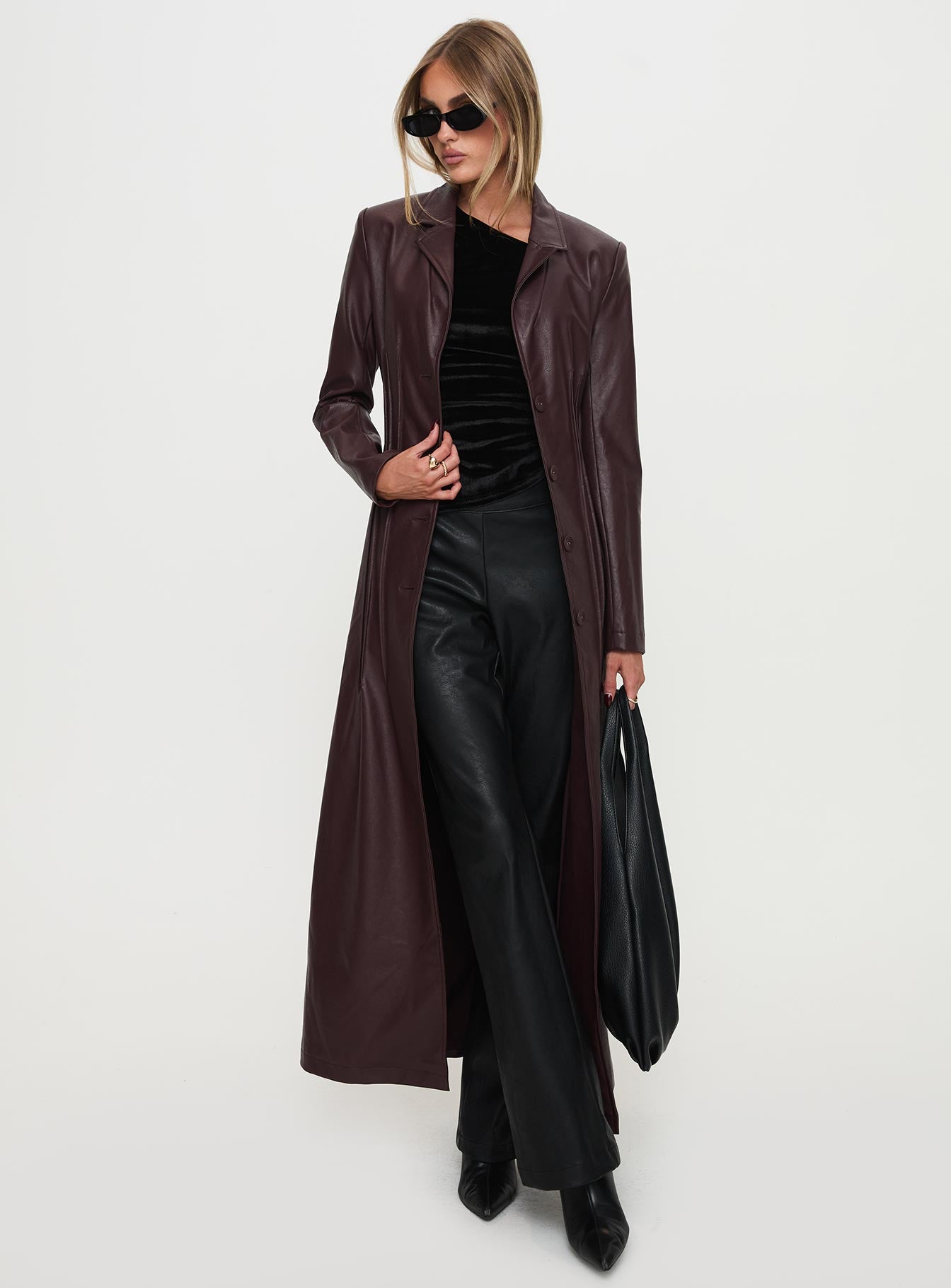 Speak Easy Long Line Faux Leather Coat Burgundy - Image 2