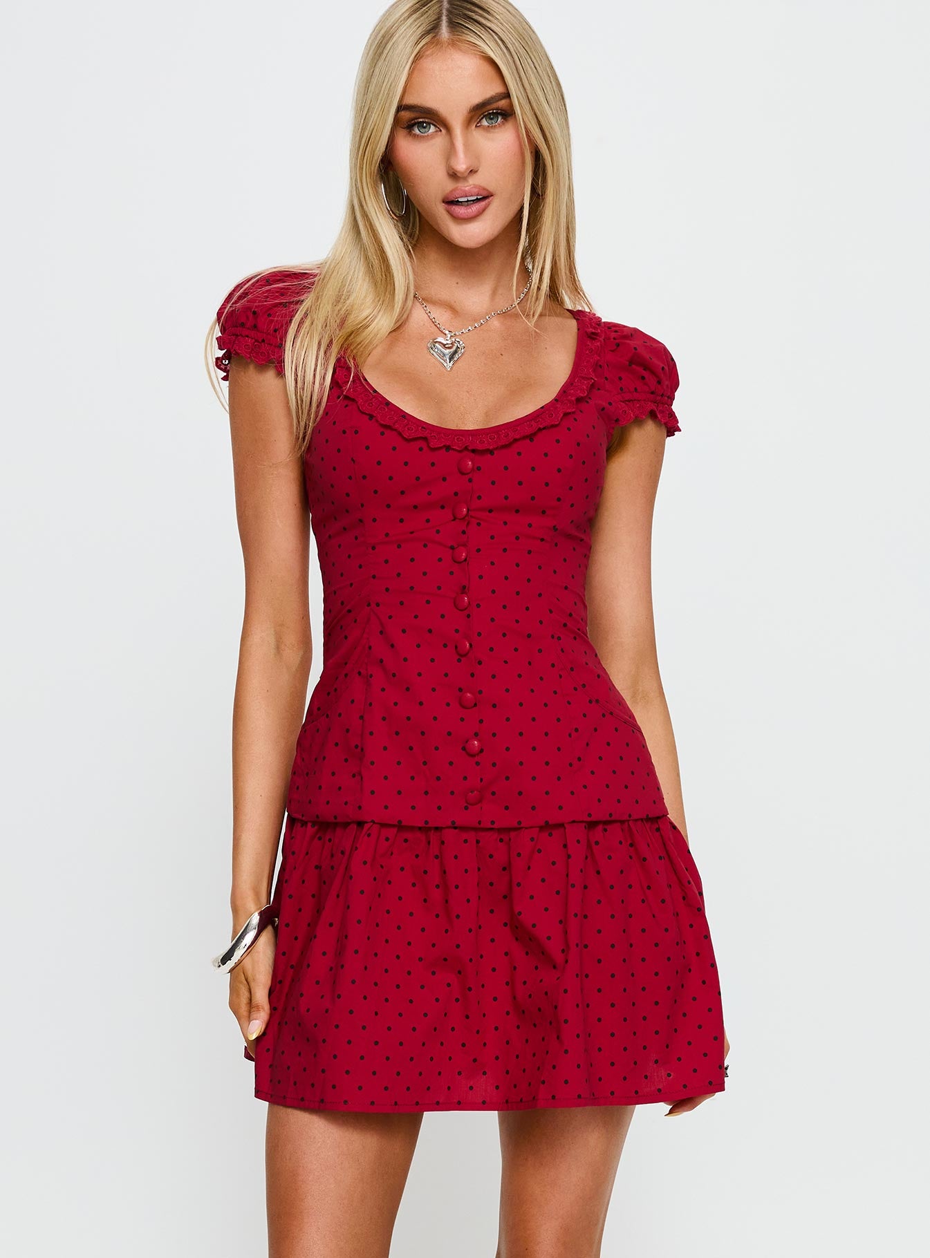 Ottillie Lace Trim Button Down Mini Dress Red Polka Dot - Image 2