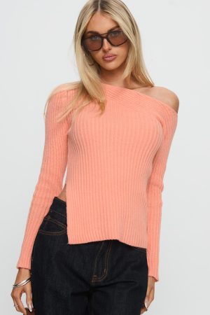 Exquisite Off Shoulder Knit Sweater Orange