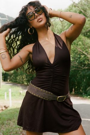 Rafelle Halter Mini Dress Brown Petite