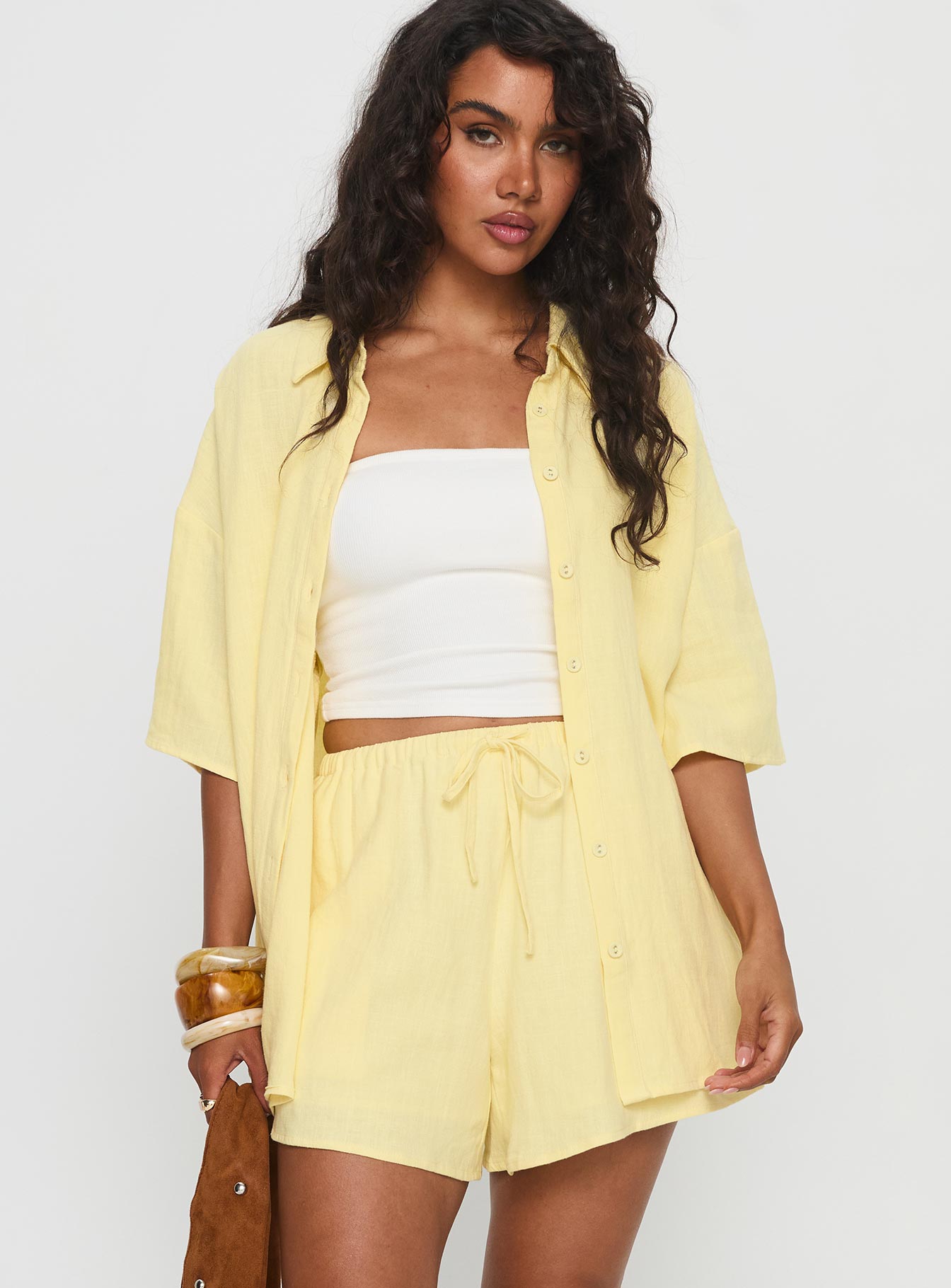 Peni Drawstring Linen Shorts Yellow - Image 2