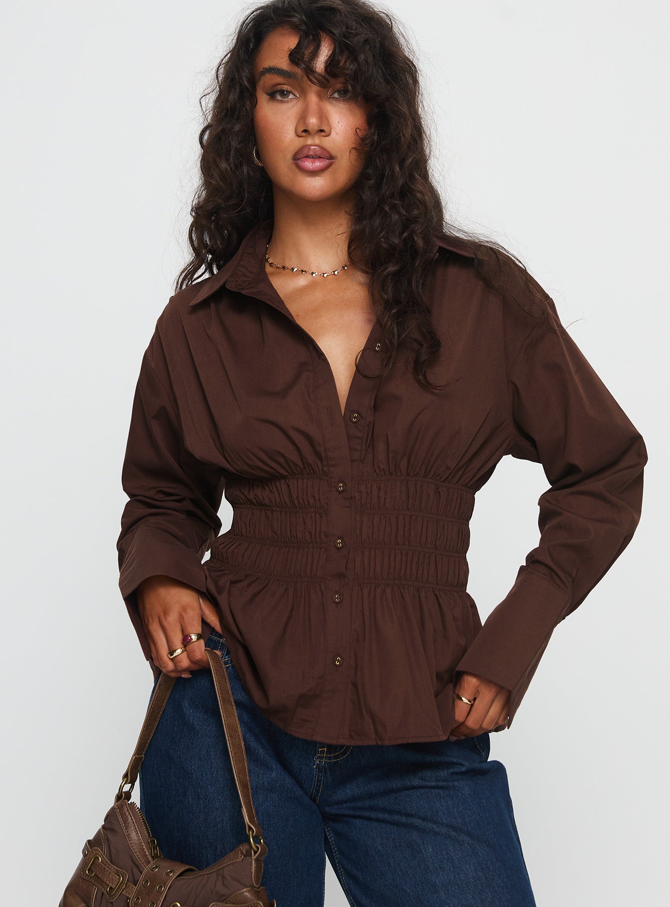 As You Are Shirred Button Up Top Chocolate - Image 3