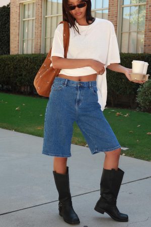 Retro Dream Mid Rise Longline Denim Shorts Mid Wash