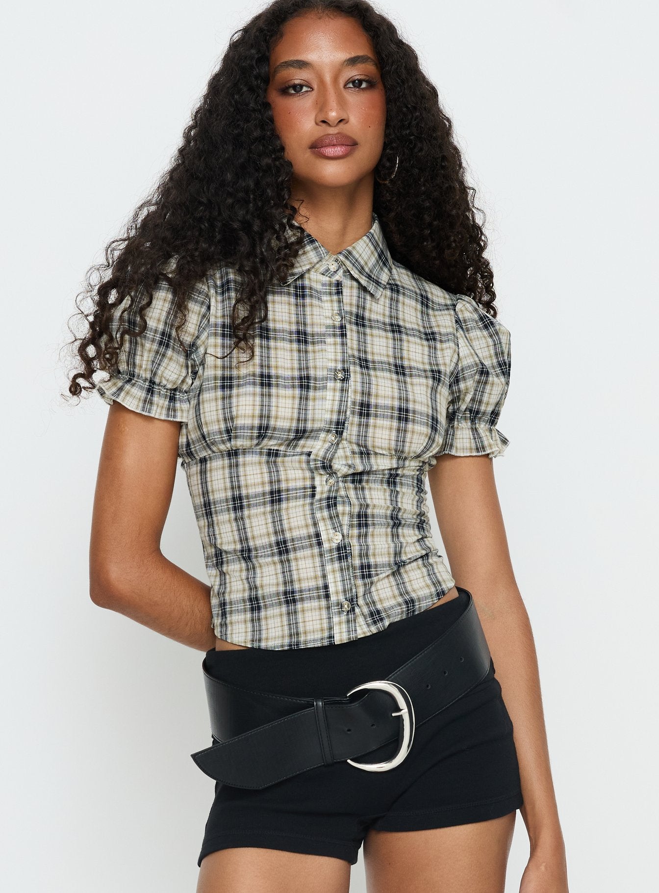 Maxfield Collared Button Up Blouse Top Multi Check - Image 2