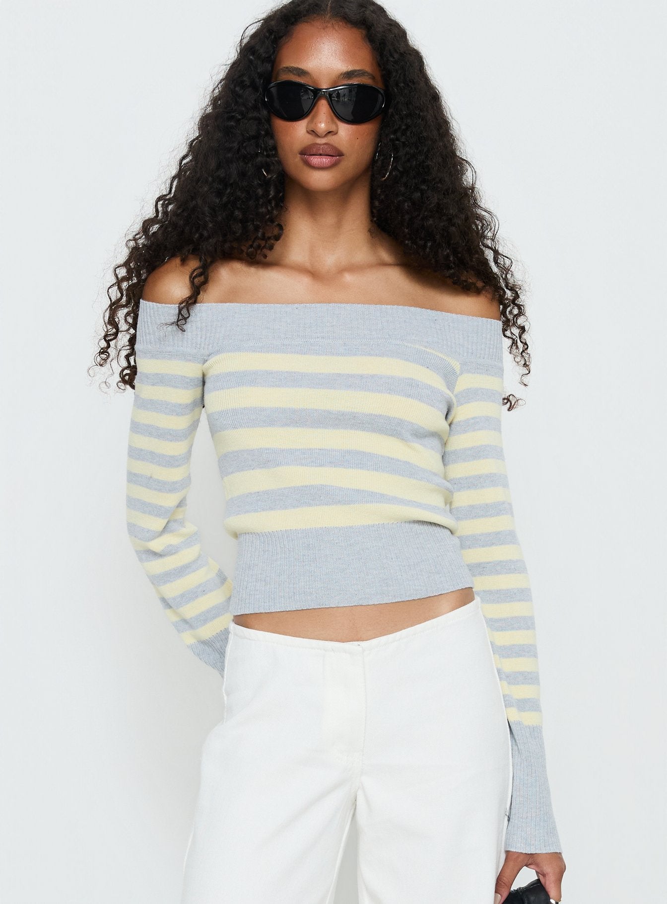 Perrey Long Sleeve Off Shoulder Top Knit Yellow / Grey Stripe - Image 2
