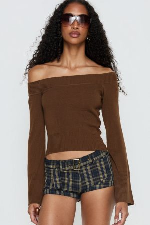 Perrey Long Sleeve Off Shoulder Knit Top Brown