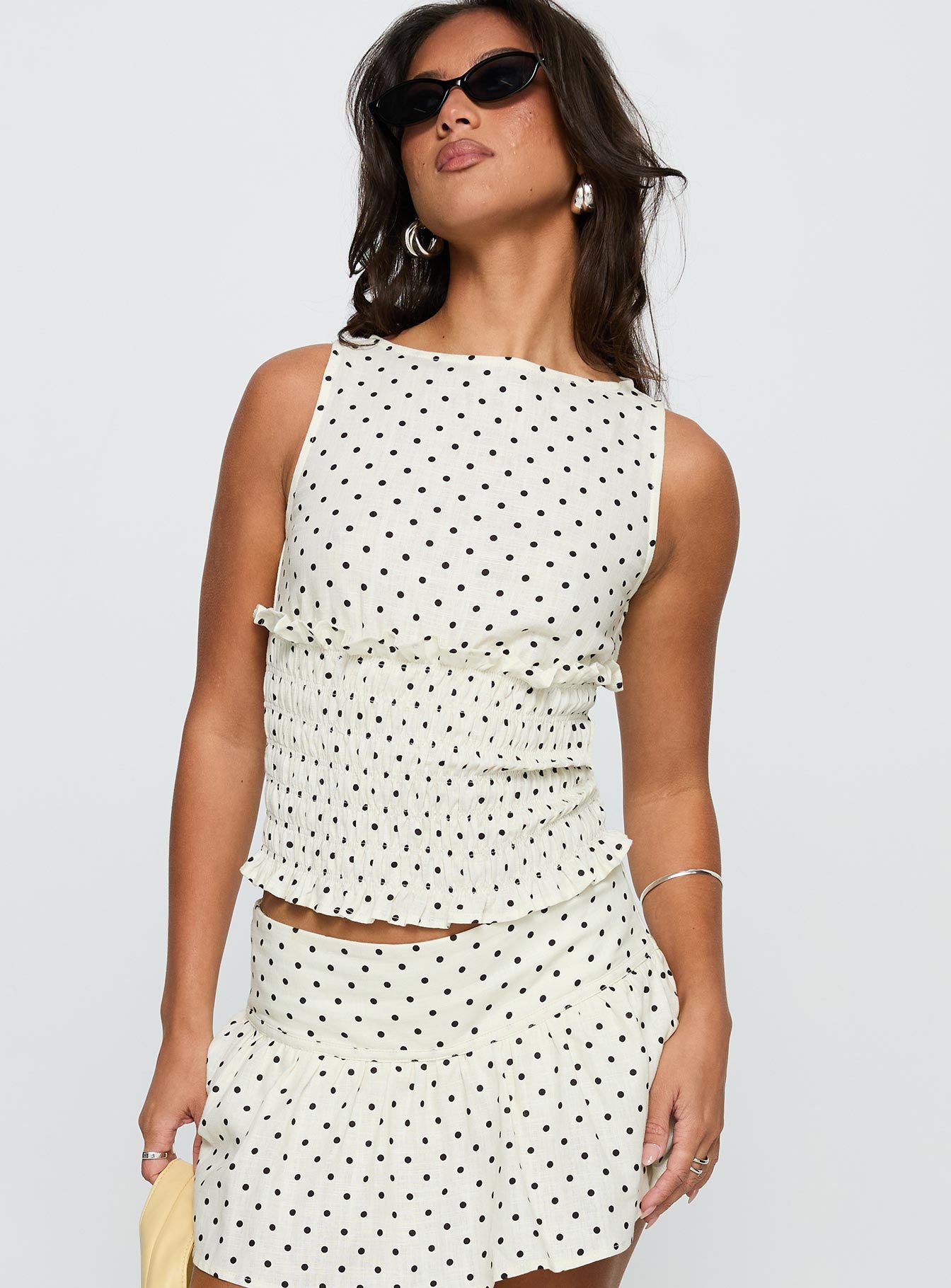 Roxee Ruched Linen Blend Top Cream Polka Dot - Image 2