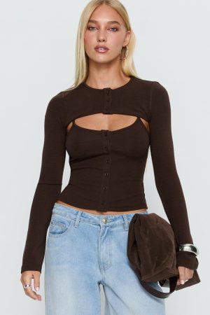 Camira Keyhole Two Piece Long Sleeve Top Brown