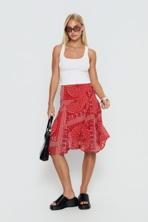 Raenah Asymmetrical Midi Skirt Red Paisley