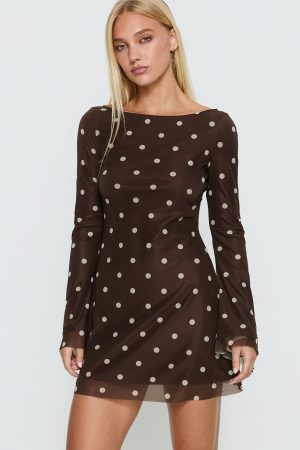 Lukea Long Sleeve Mini Dress Brown Polka Dot