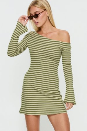 Adrietta Long Sleeve Off Shoulder Mini Dress Cream / Matcha Stripe