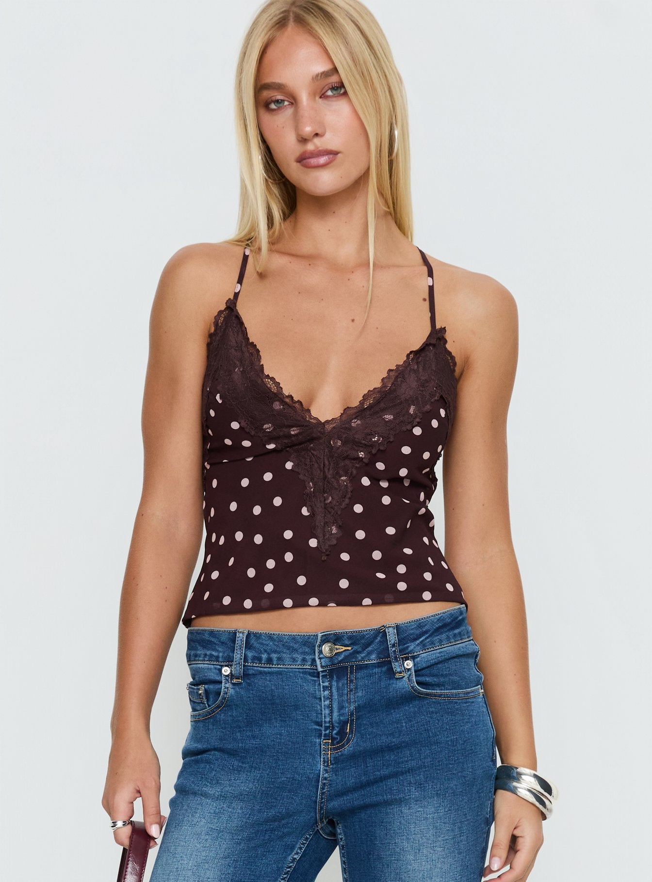 Call My Lover Lace Cami Top Brown Polka - Image 2