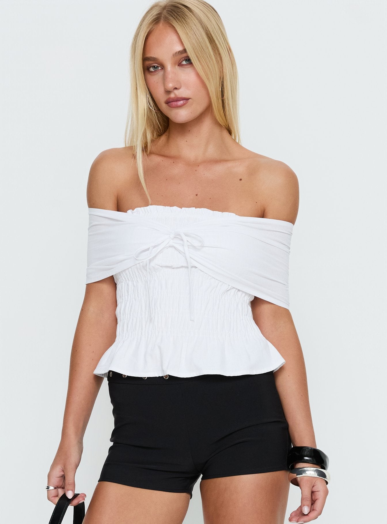 Avalynn Off Shoulder Shirred Top White - Image 2