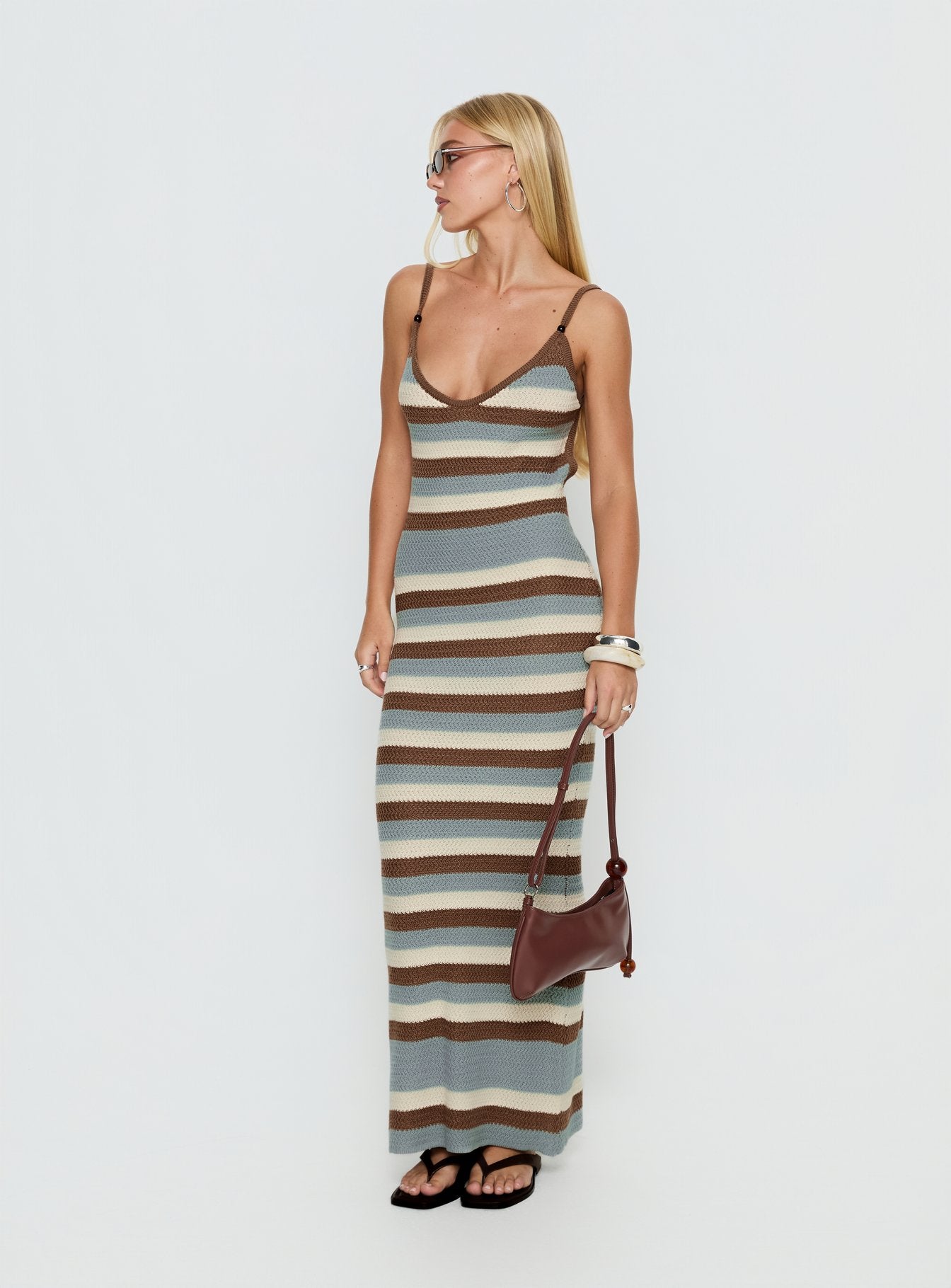 Leylana Scoop Knitted Maxi Dress Blue / Brown Stripe - Image 2