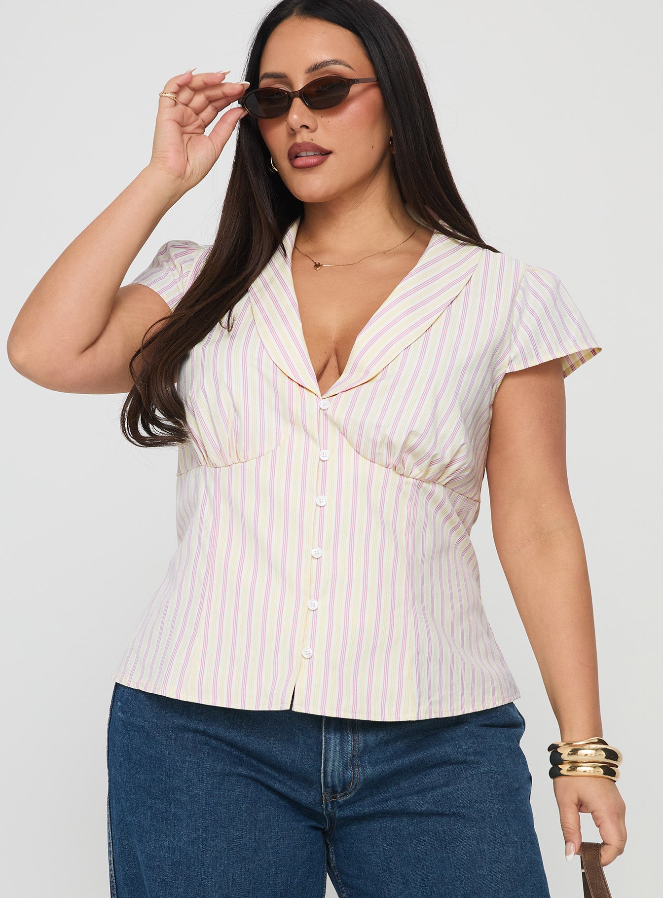 Ellis Island Collared Top Pink Stripe Curve - Image 2
