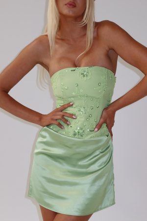Lyrena Strapless Beaded Mini Dress Green