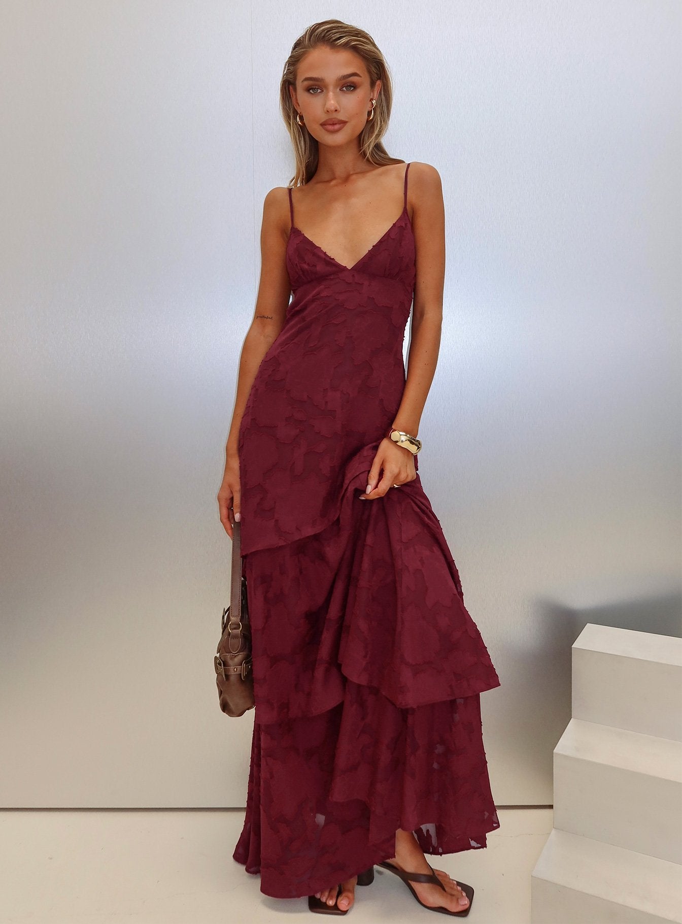 Lyricah Tiered Tie Back Maxi Dress Burgundy - Image 11