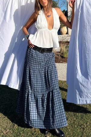 Rockwell Tiered Midi Skirt Navy Check