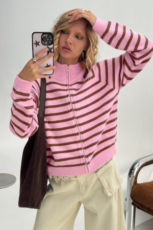 Kaylei Zip Through Cardigan Pink Stripe