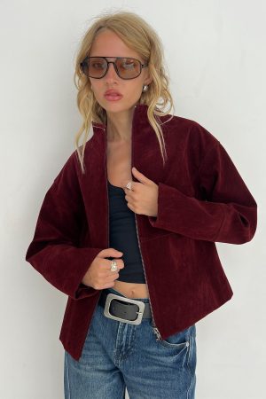 Jessalynn Faux Suede Zip Through Jacket Burgundy