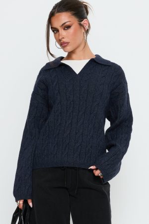 Brodey Collared Cable Knit Sweater Navy