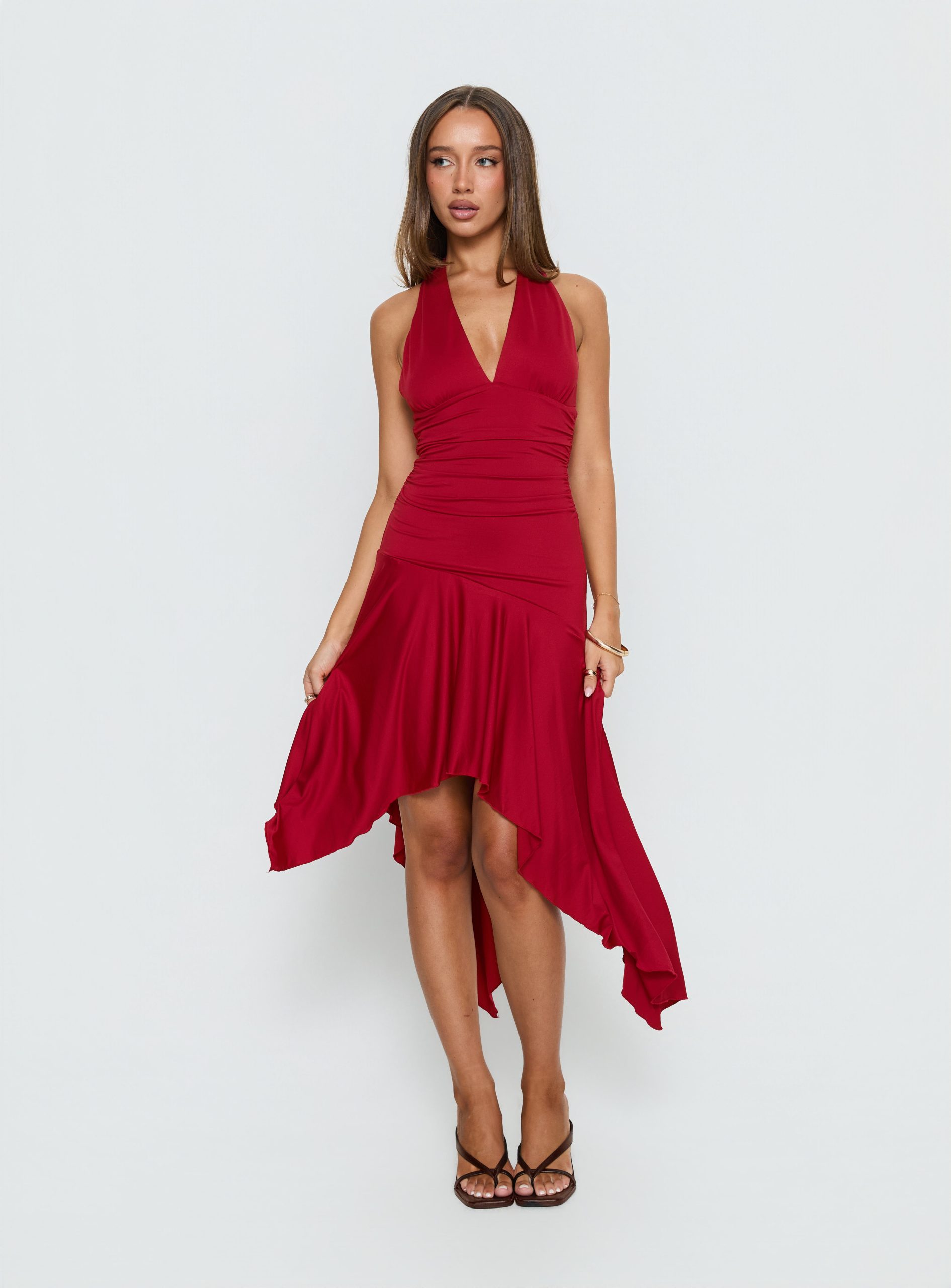 Emara Halter Asymmetrical Midi Dress Red - Image 2