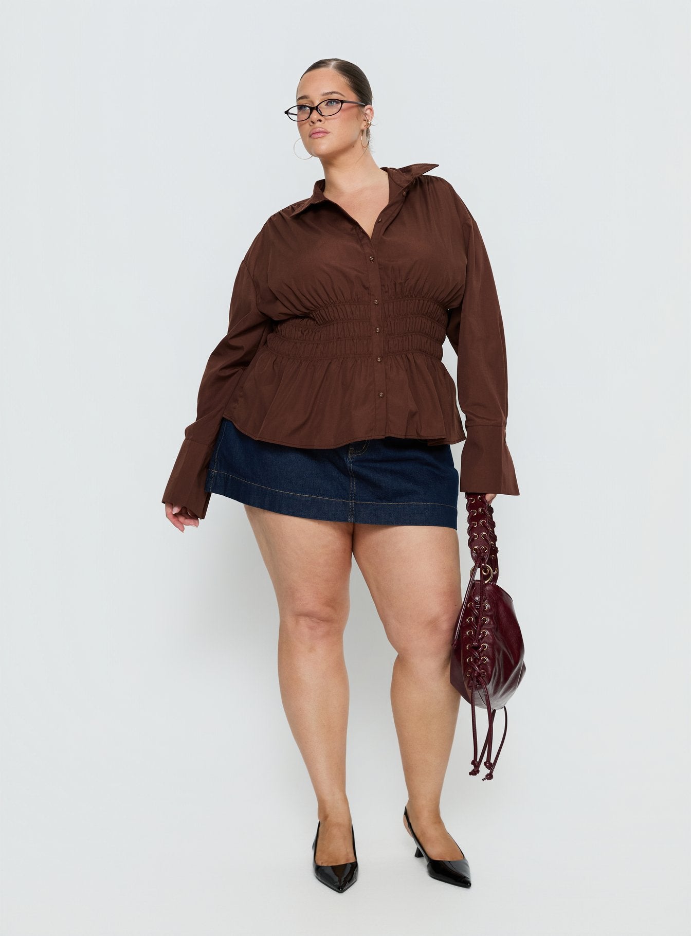 As You Are Shirred Button Up Top Chocolate Curve - Image 3