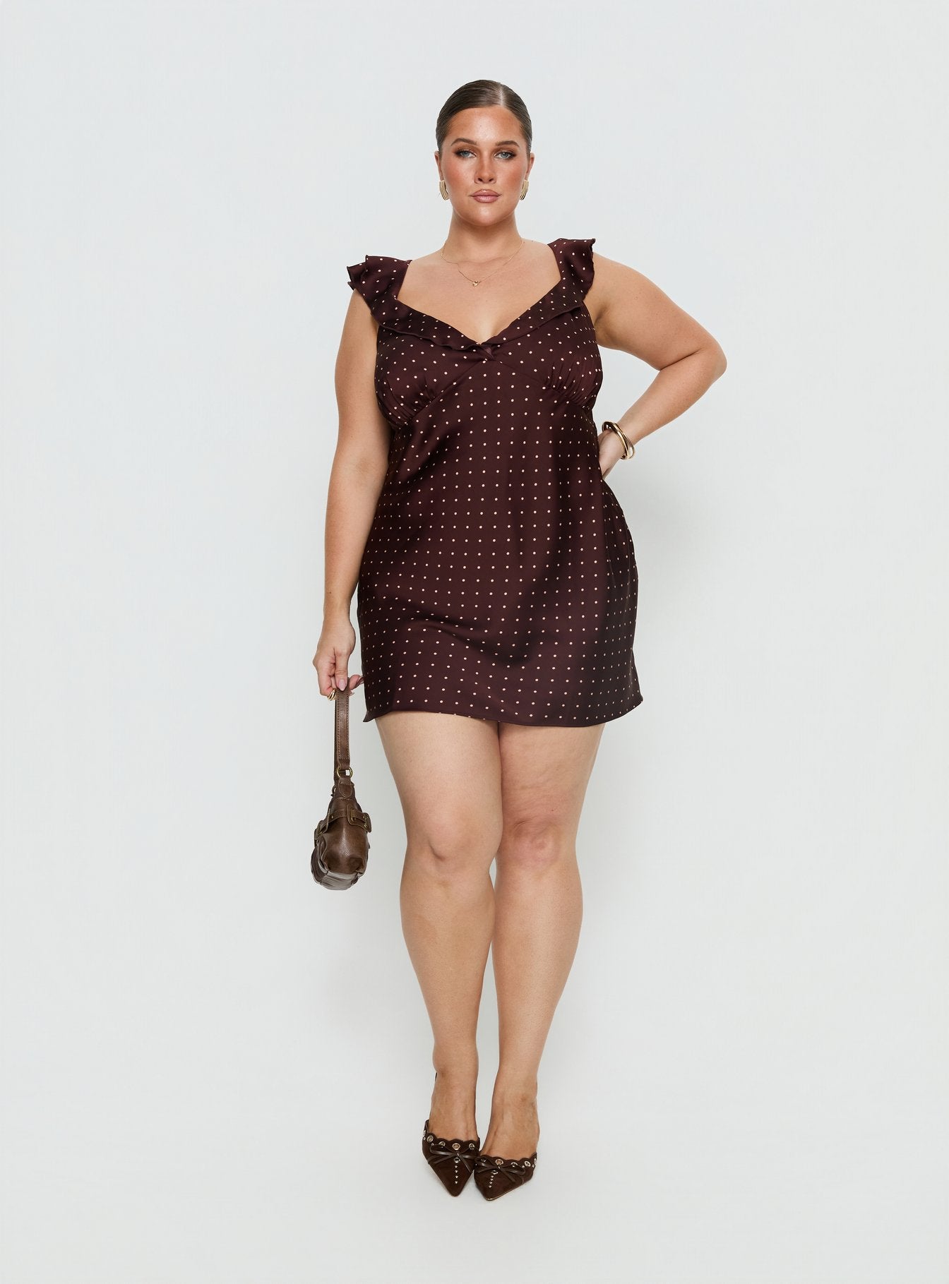 Kamillah Frill Mini Dress Burgundy Polka Dot Curve - Image 2