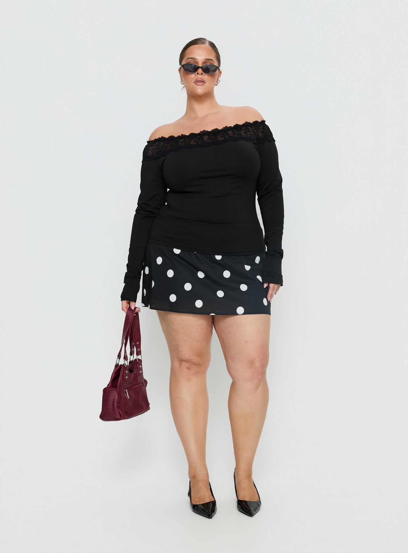 Breiann Lace Off Shoulder Long Sleeve Top Black Curve - Image 2