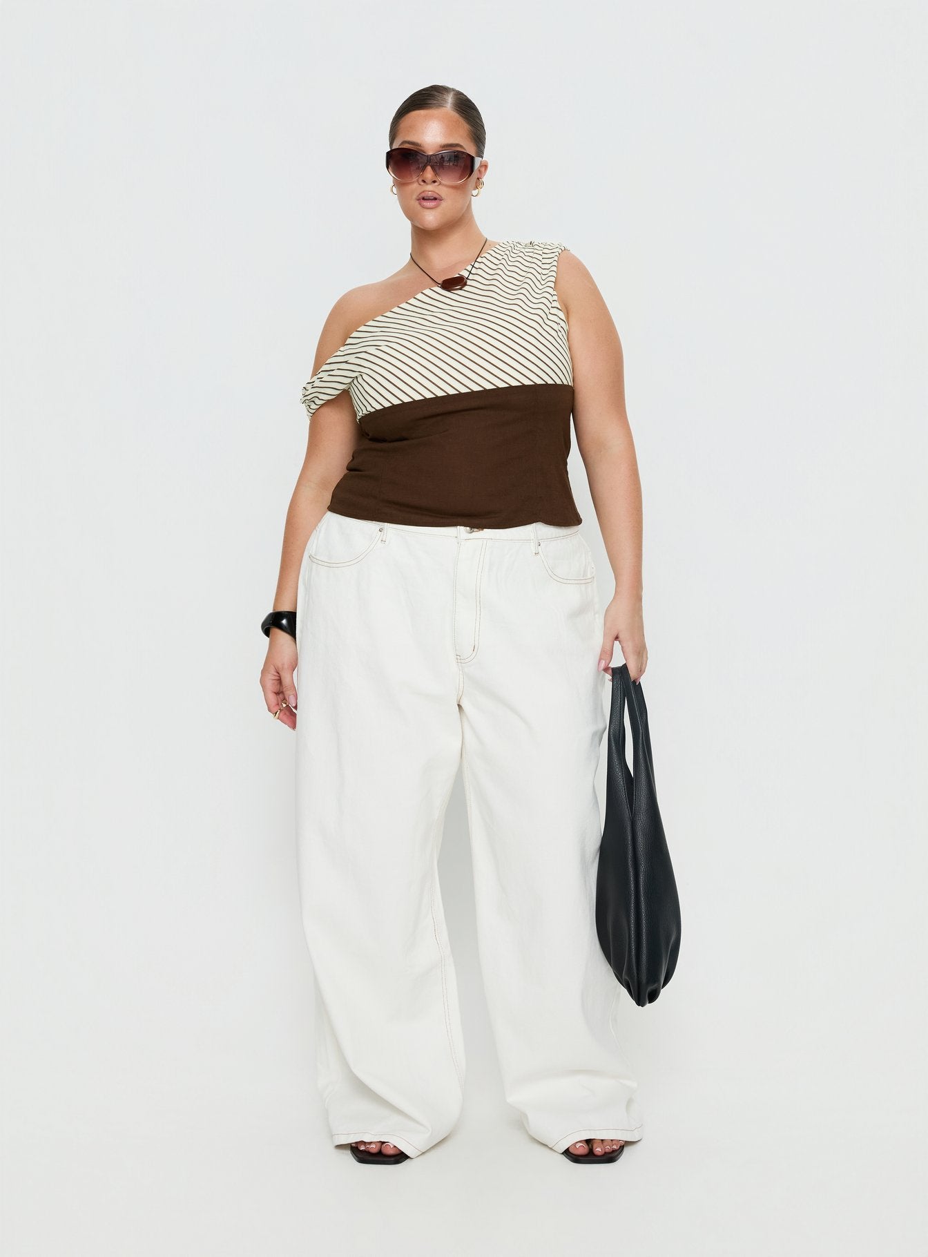 Past Life One Shoulder Top Brown / Stripe Curve - Image 3