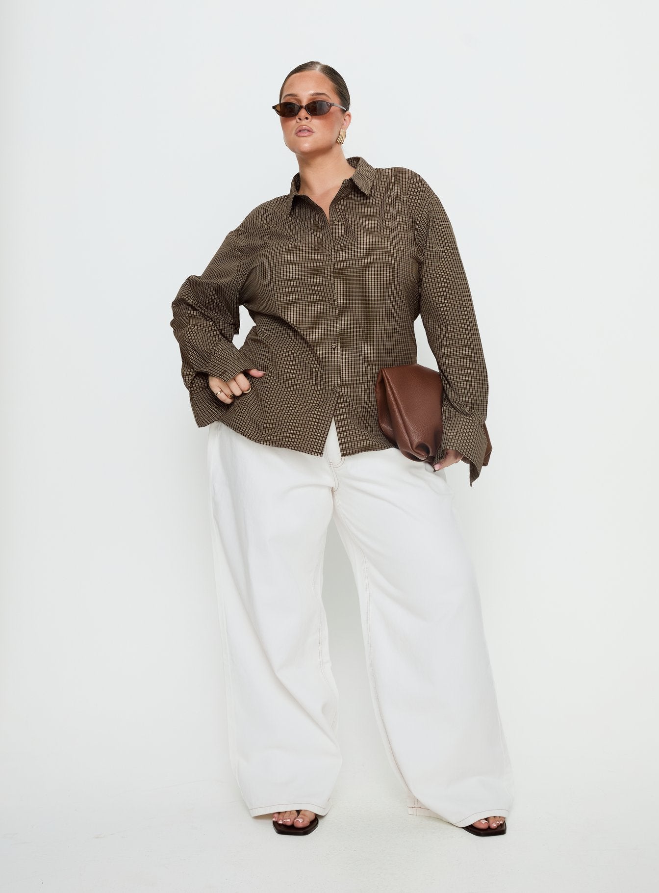 Xinia Tie Waist Long Sleeve Shirt Brown Check Curve - Image 2