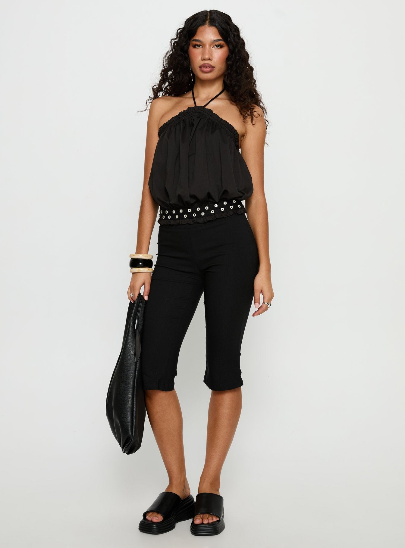 Mikki Tie Neck Button Detail Top Black - Image 3