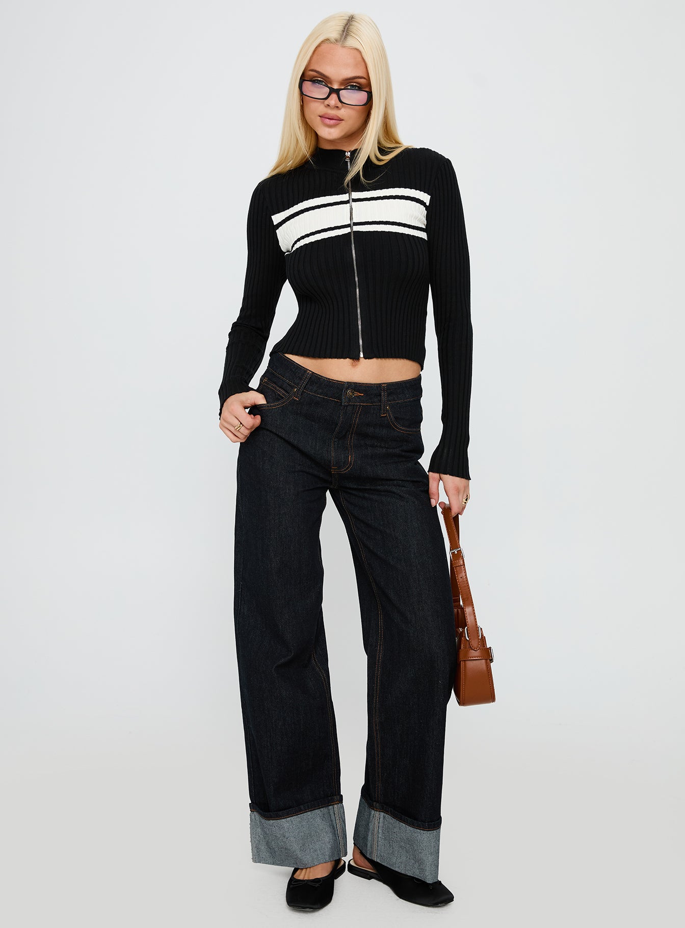 Decisive Zip Through Knit Sweater Black / White - Image 3