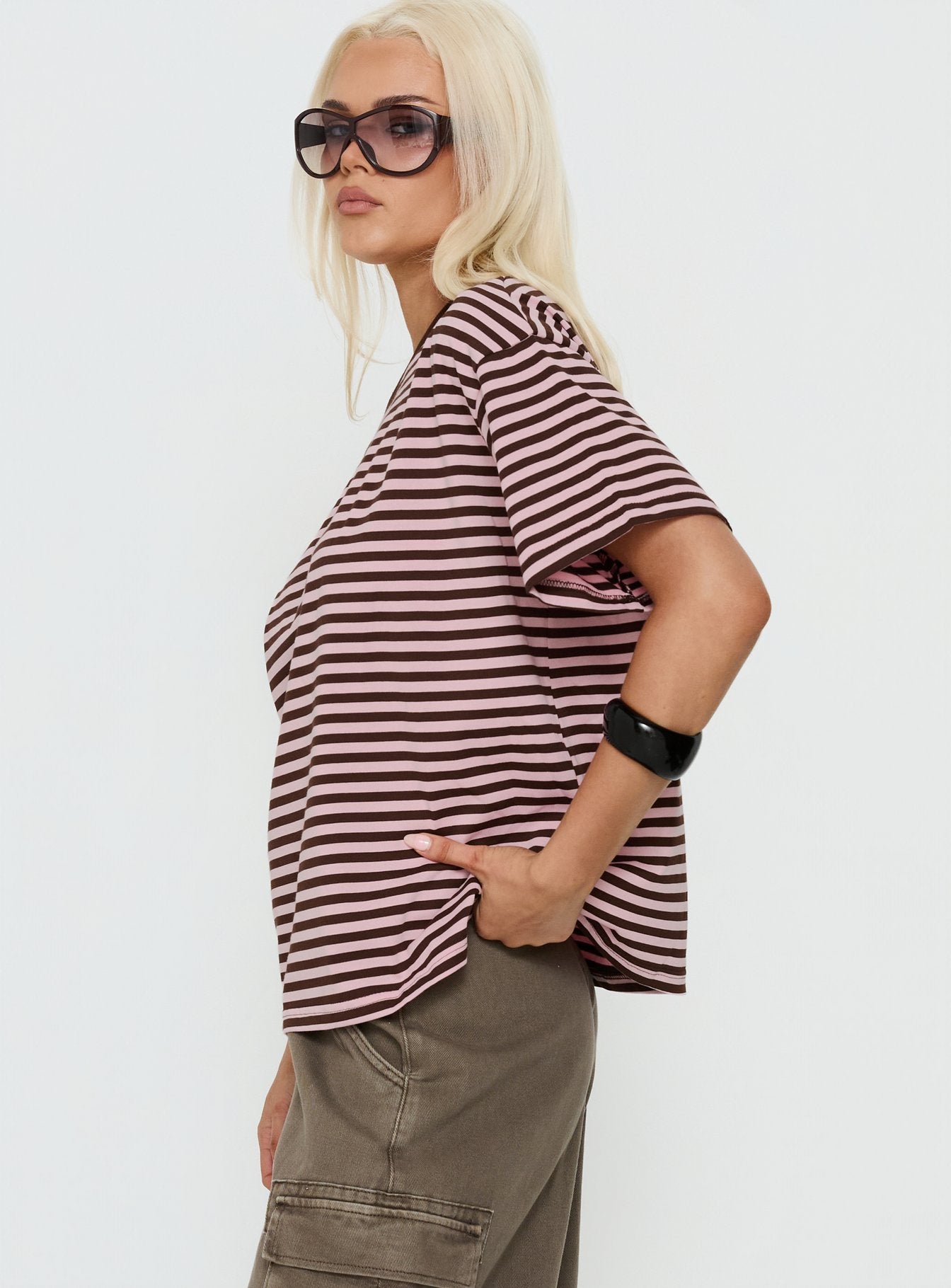 Settle Down One Shoulder Top Pink / Chocolate Stripe - Image 3