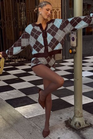 Kenlea Button Up Cardigan Blue Argyle