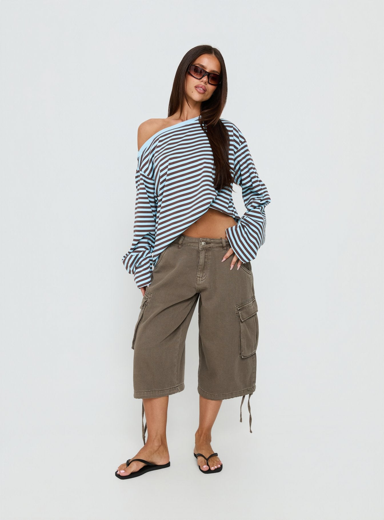 Settle Down One Shoulder Long Sleeve Top Chocolate / Blue Stripe - Image 3