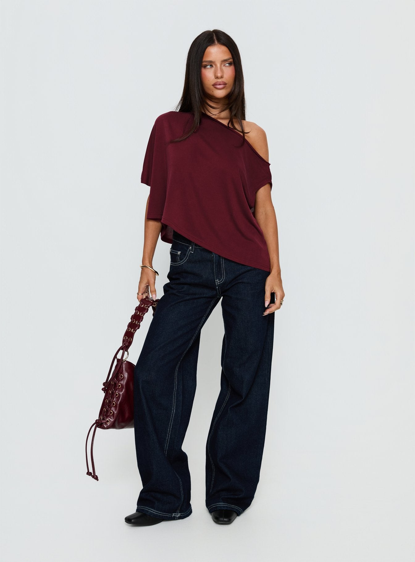 Passerby Asymmetrical Off Shoulder Top Burgundy - Image 3