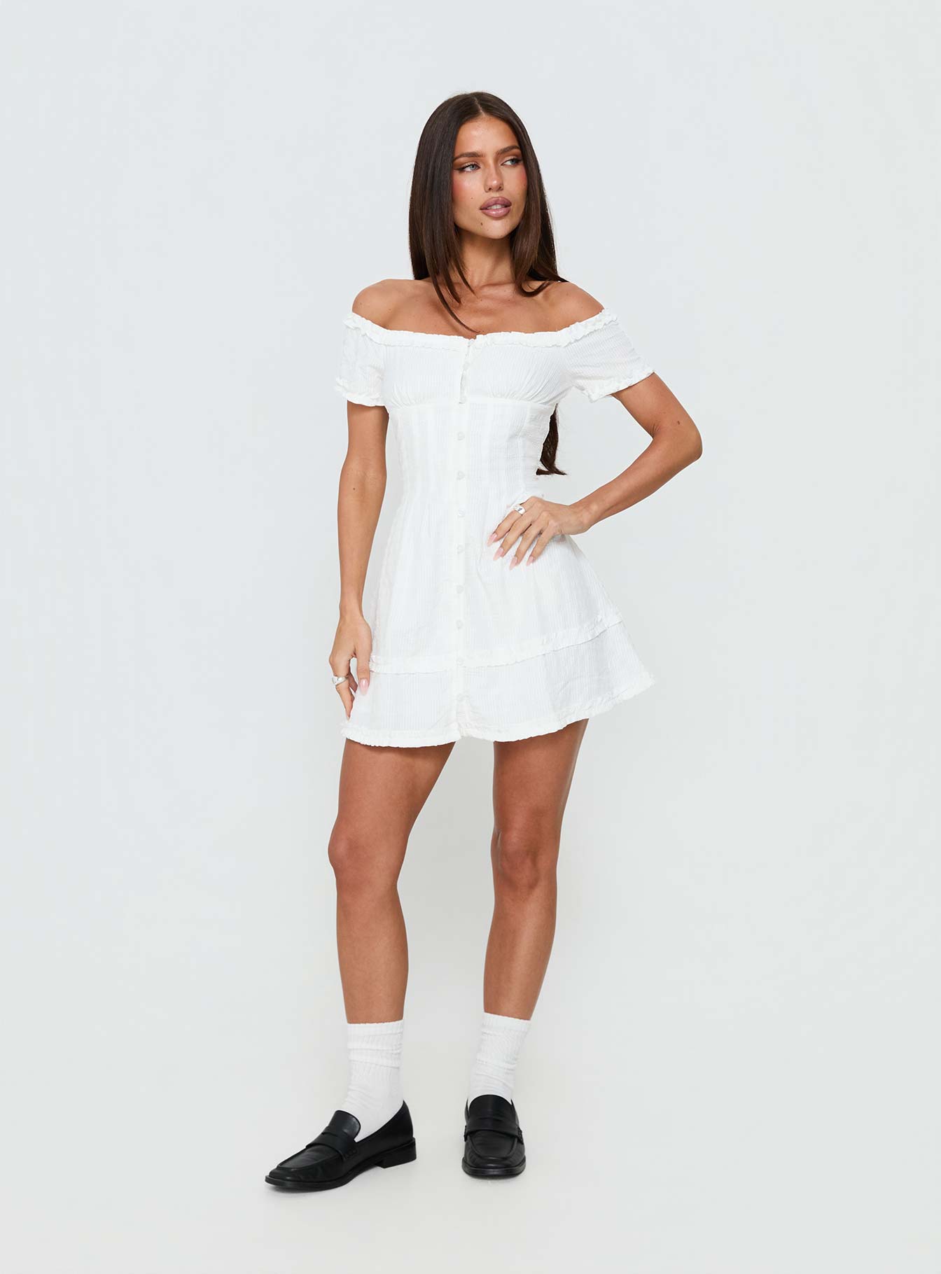 Zoela Off Shoulder Ruffle Mini Dress White - Image 3