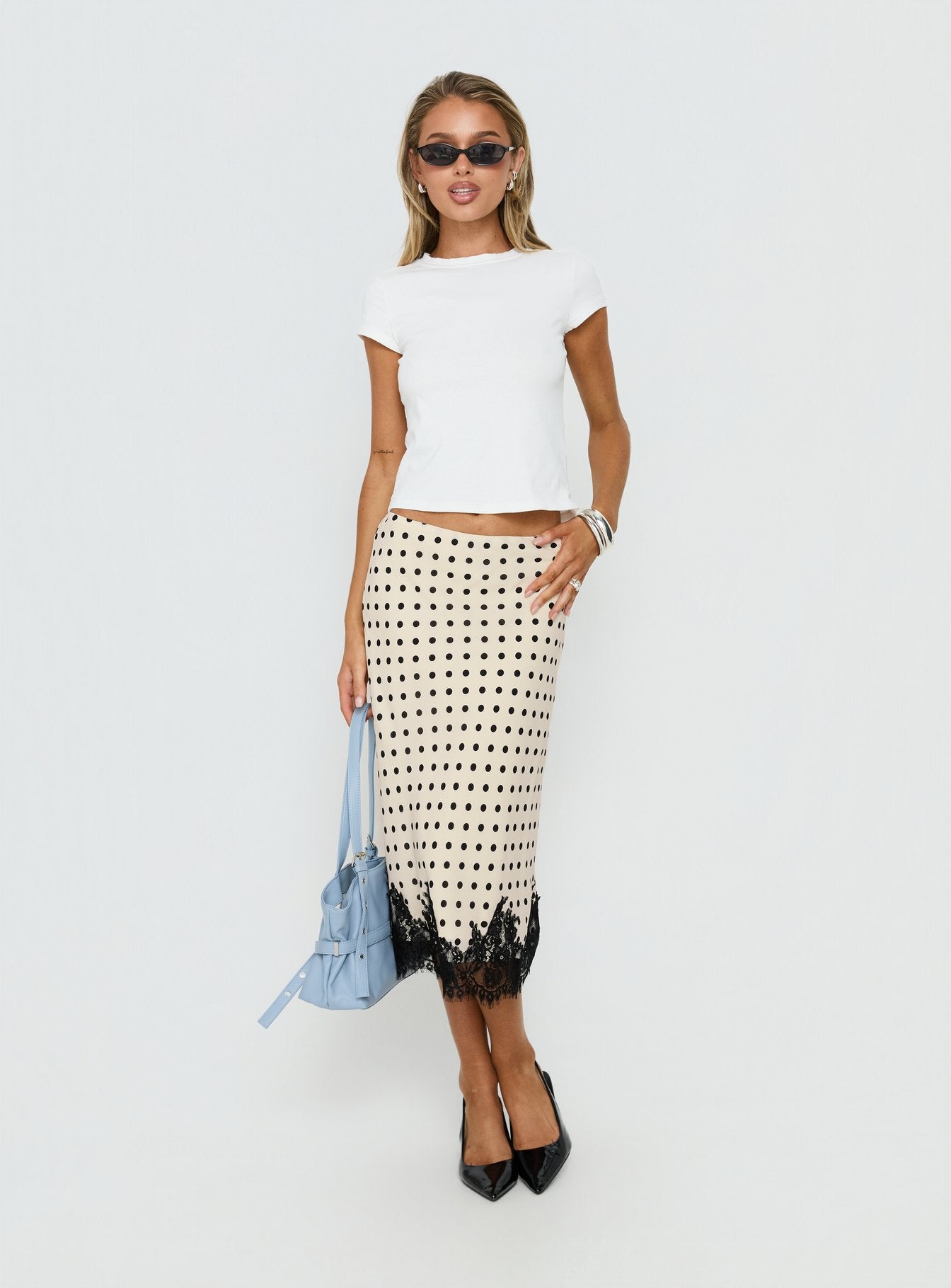 Downtown Scene Lace Trim Maxi Skirt Cream Polka - Image 3
