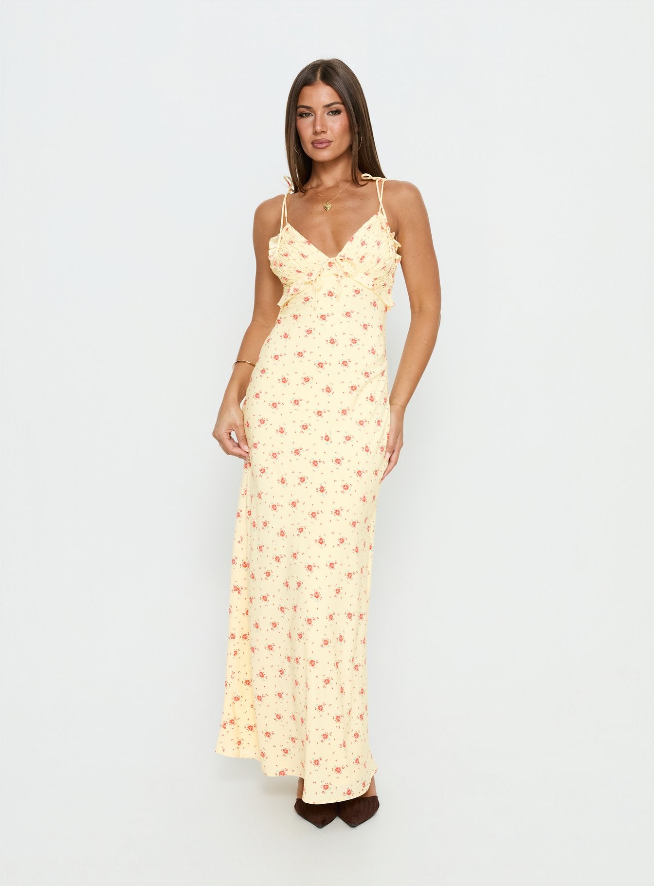 Morcar Frill V Neck Maxi Dress Yellow Floral - Image 3
