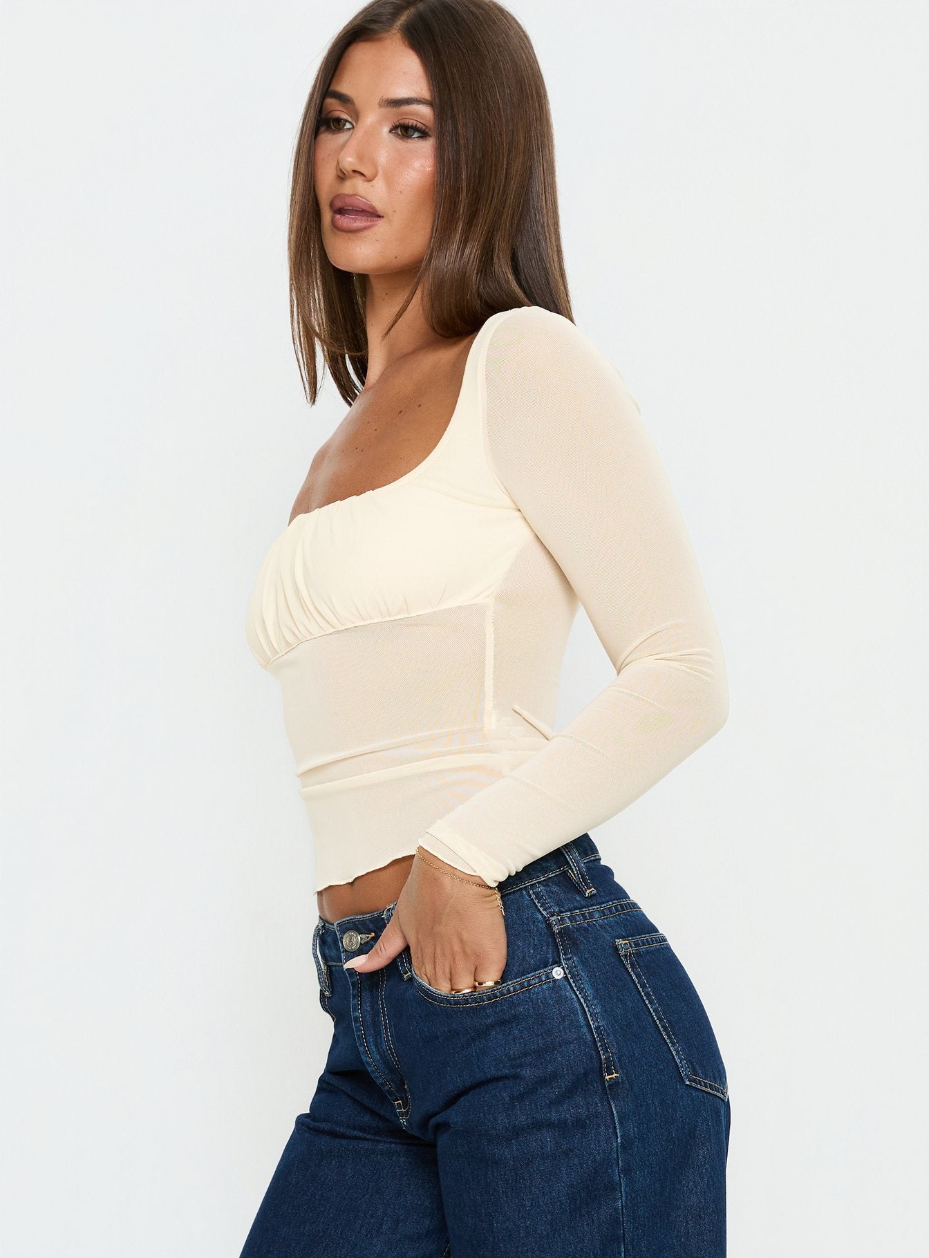 Victoire Long Sleeve Mesh Top Beige - Image 3