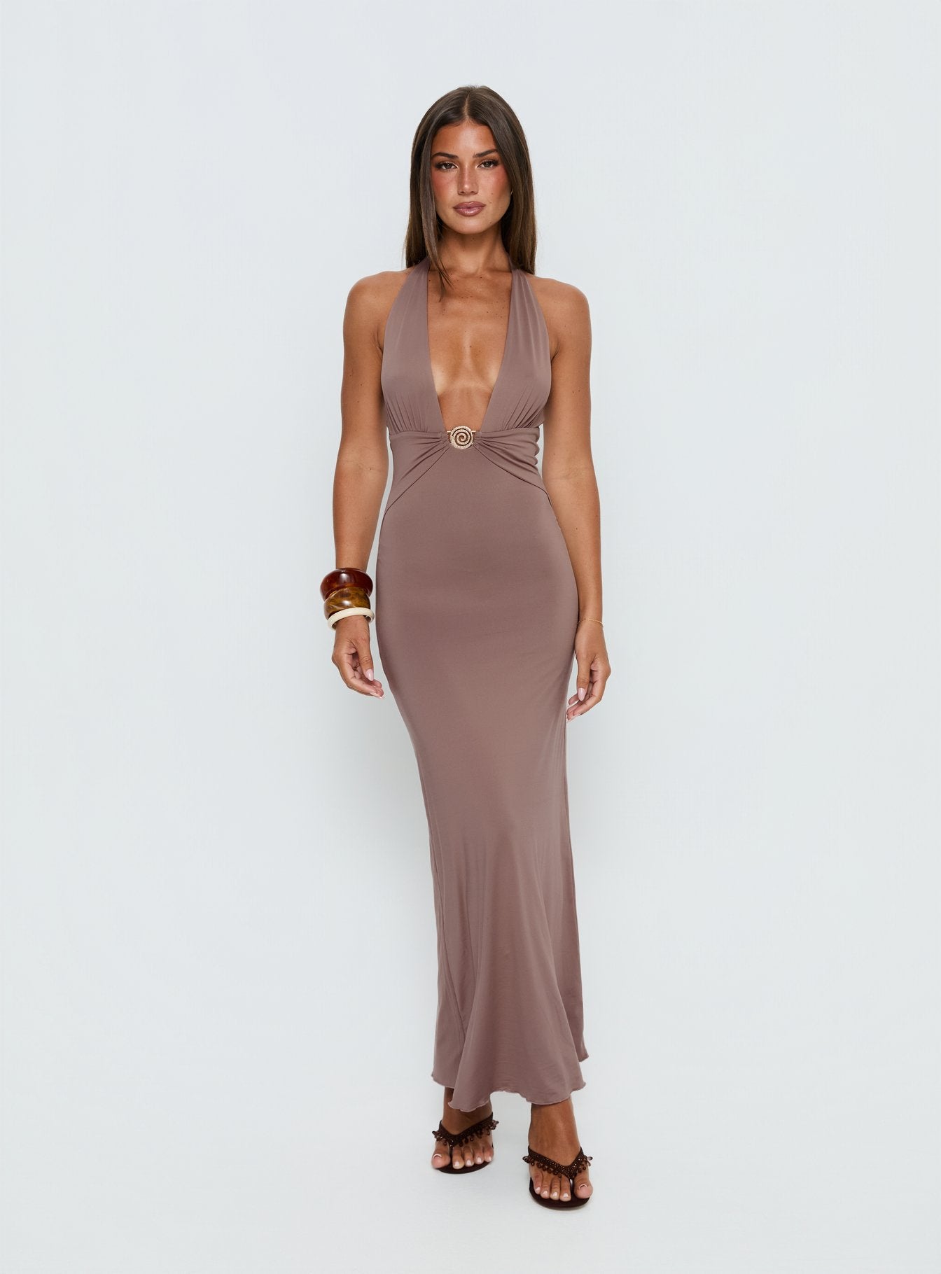Naysana Halter Ruched Maxi Dress Mocha - Image 2