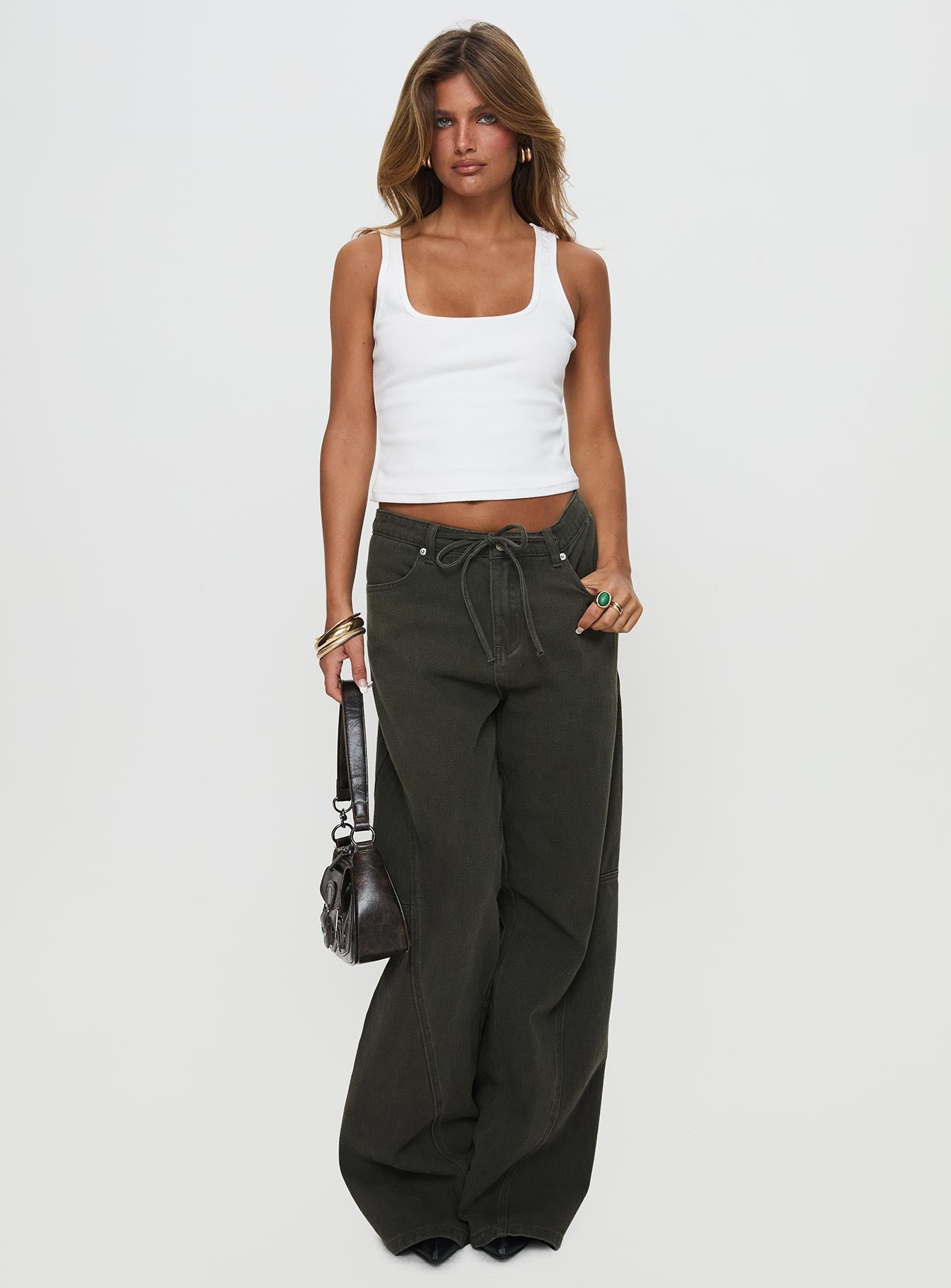Bruiser Tie Waist Mid Rise Wide Leg Jeans Green Petite - Image 3