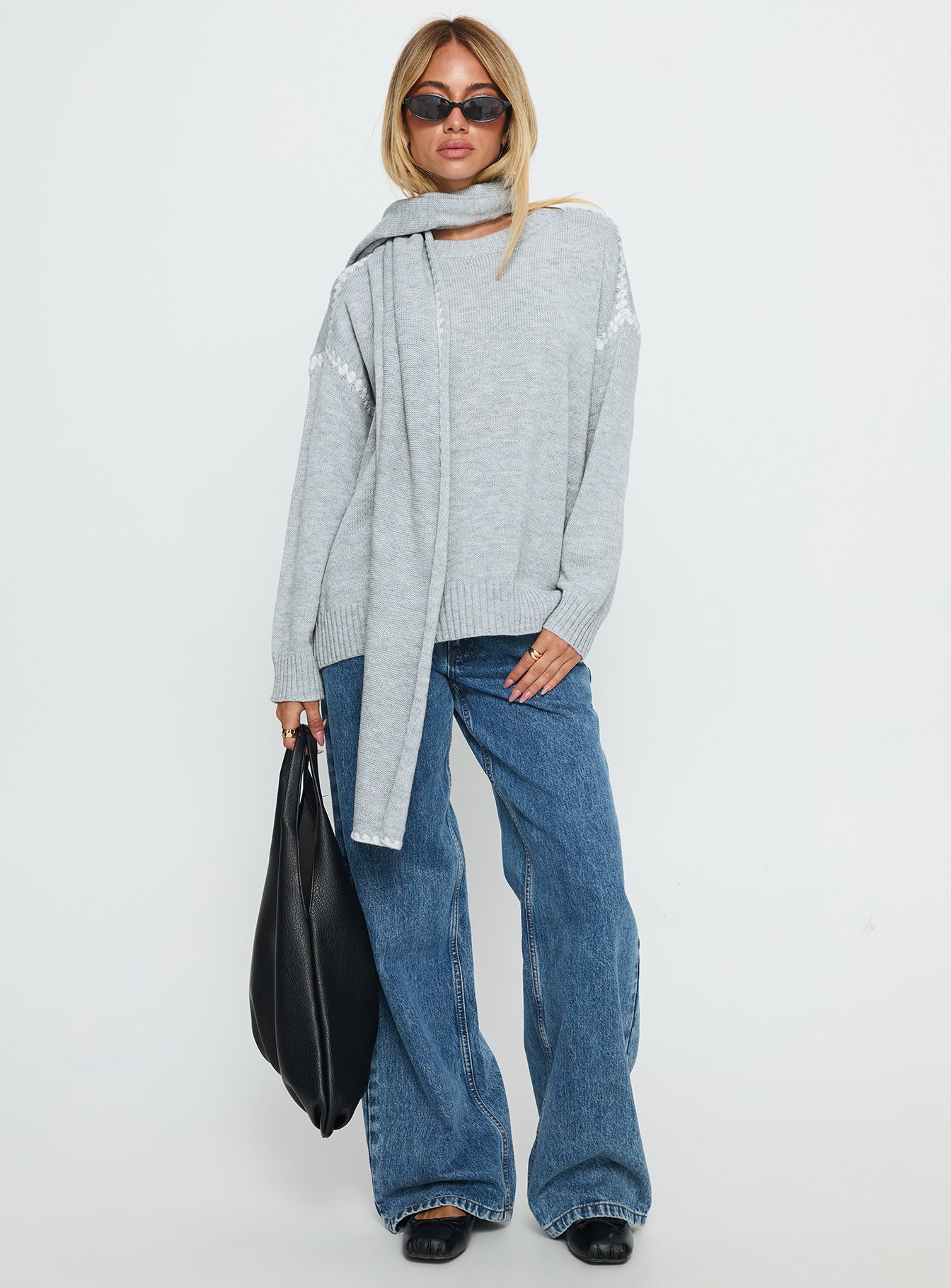 Keriana Contrast Stitch Knit Sweater Grey / White - Image 3