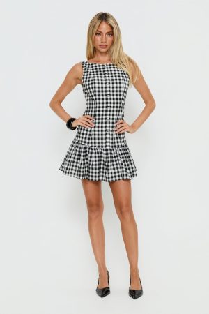 Kolbie Boat Neck Frill Mini Dress Black / White Check
