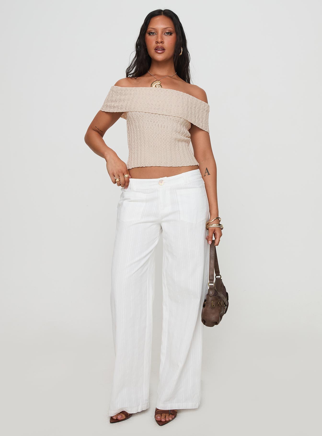 Murmur Off Shoulder Top Beige - Image 3