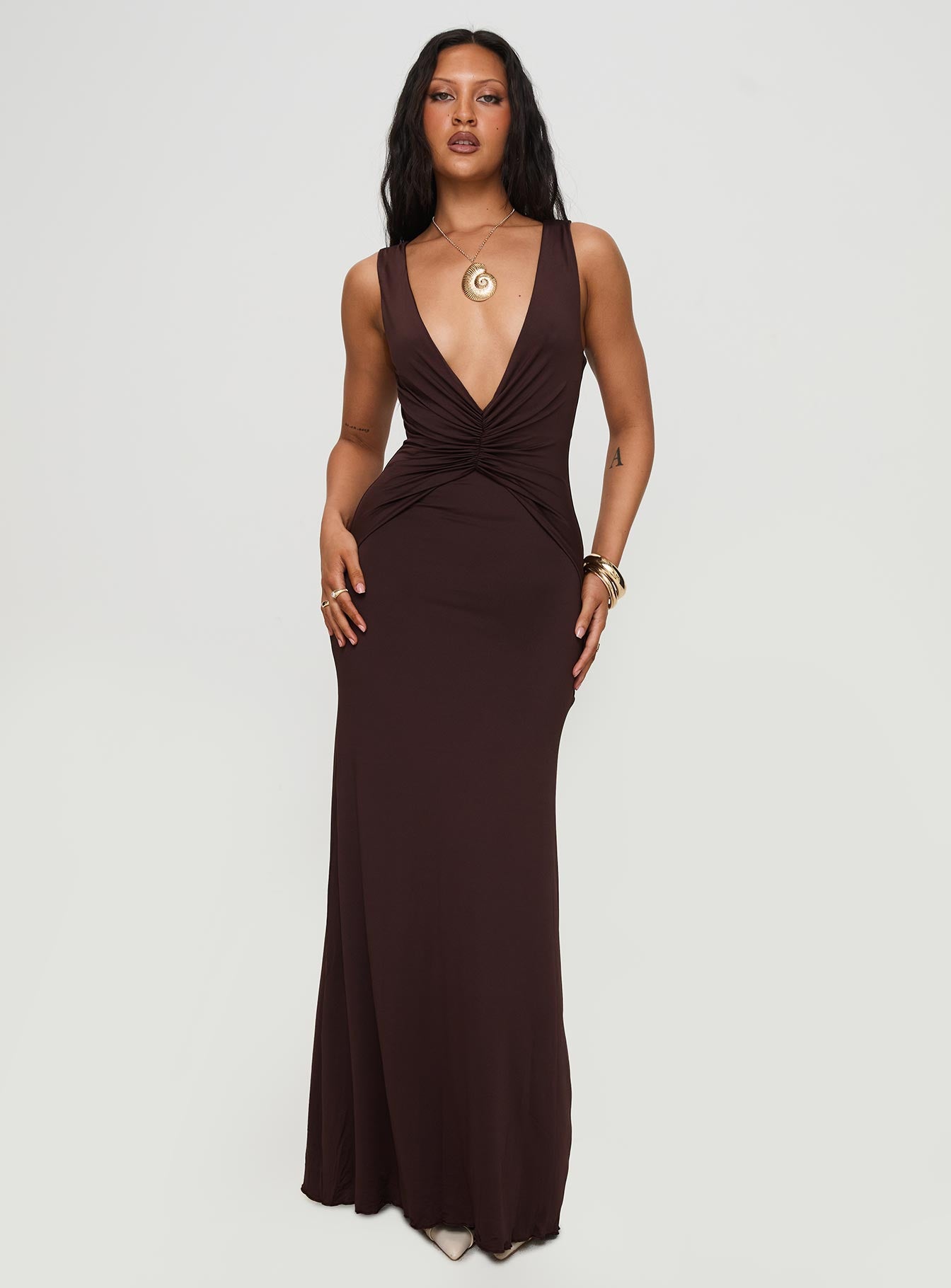 Frederica Plunge Maxi Dress Chocolate Petite - Image 3