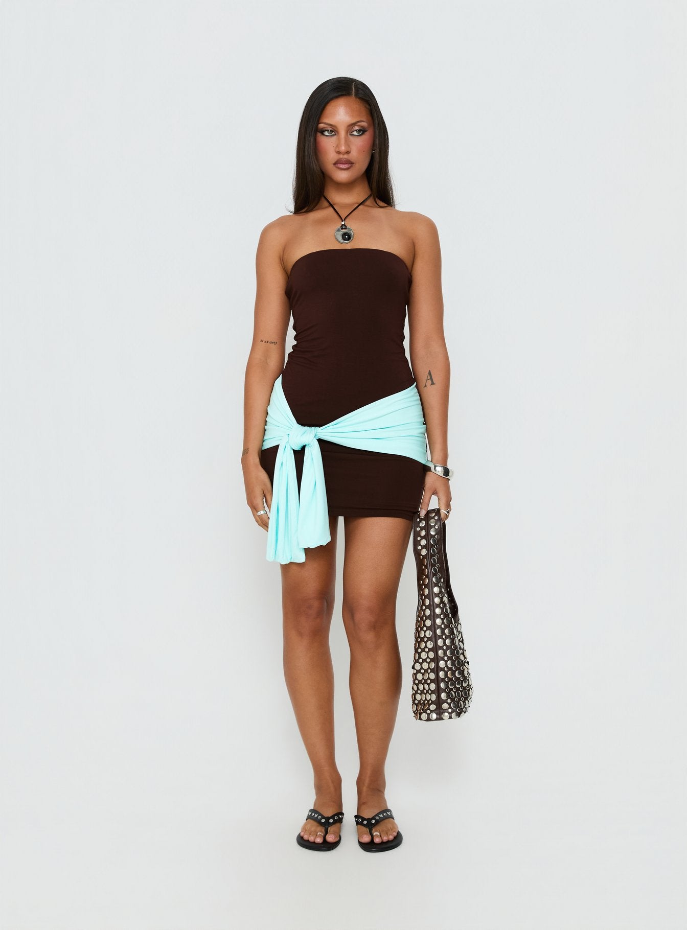 Teeah Strapless Tie Detail Contrast Mini Dress Brown / Blue - Image 3