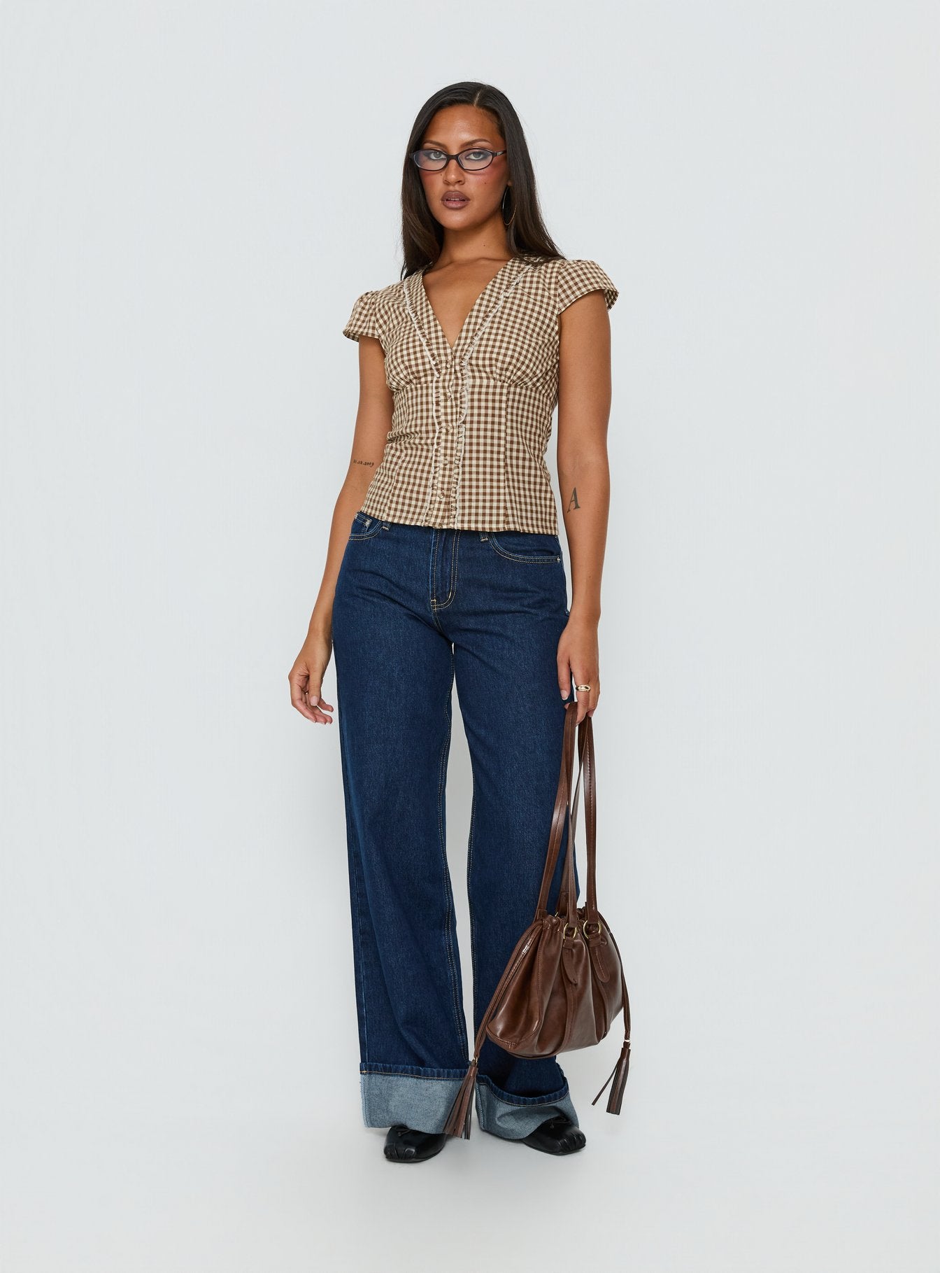 Bradlie Frill Detail Short Sleeve Blouse Top Chocolate Gingham - Image 3