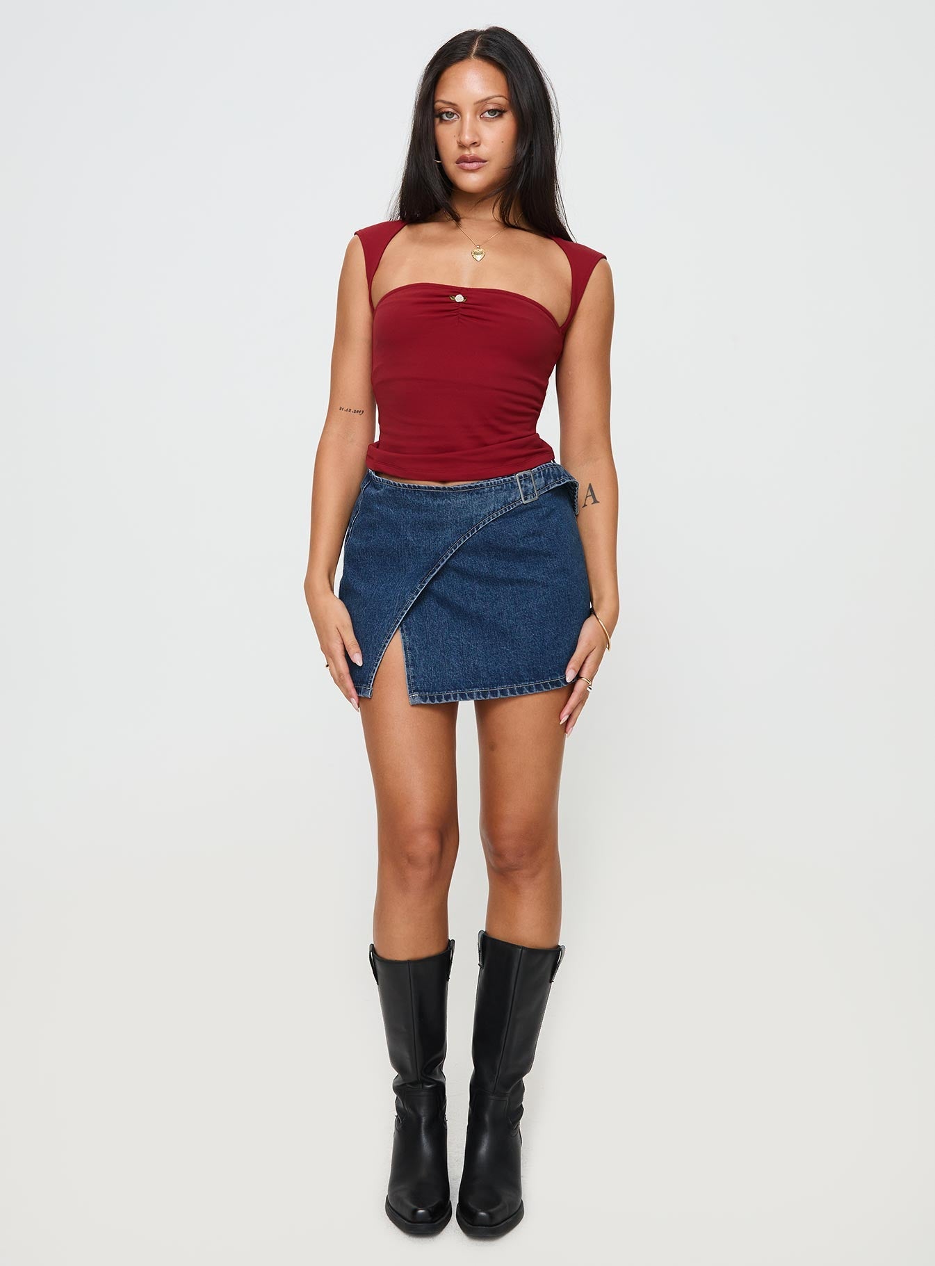 Wait Up Denim Wrap Mini Skirt Mid Wash Tall - Image 3
